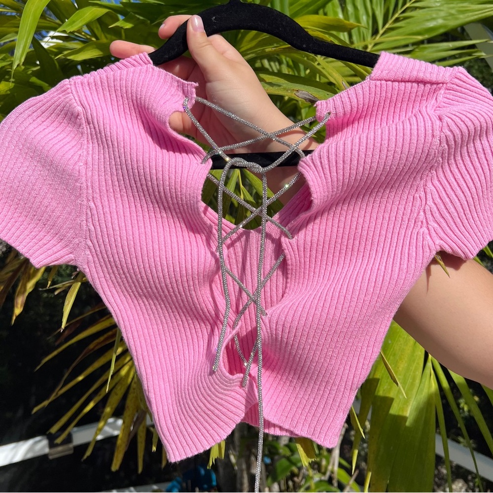Pink Chrystal Lace Up Ribbed Crop Top
